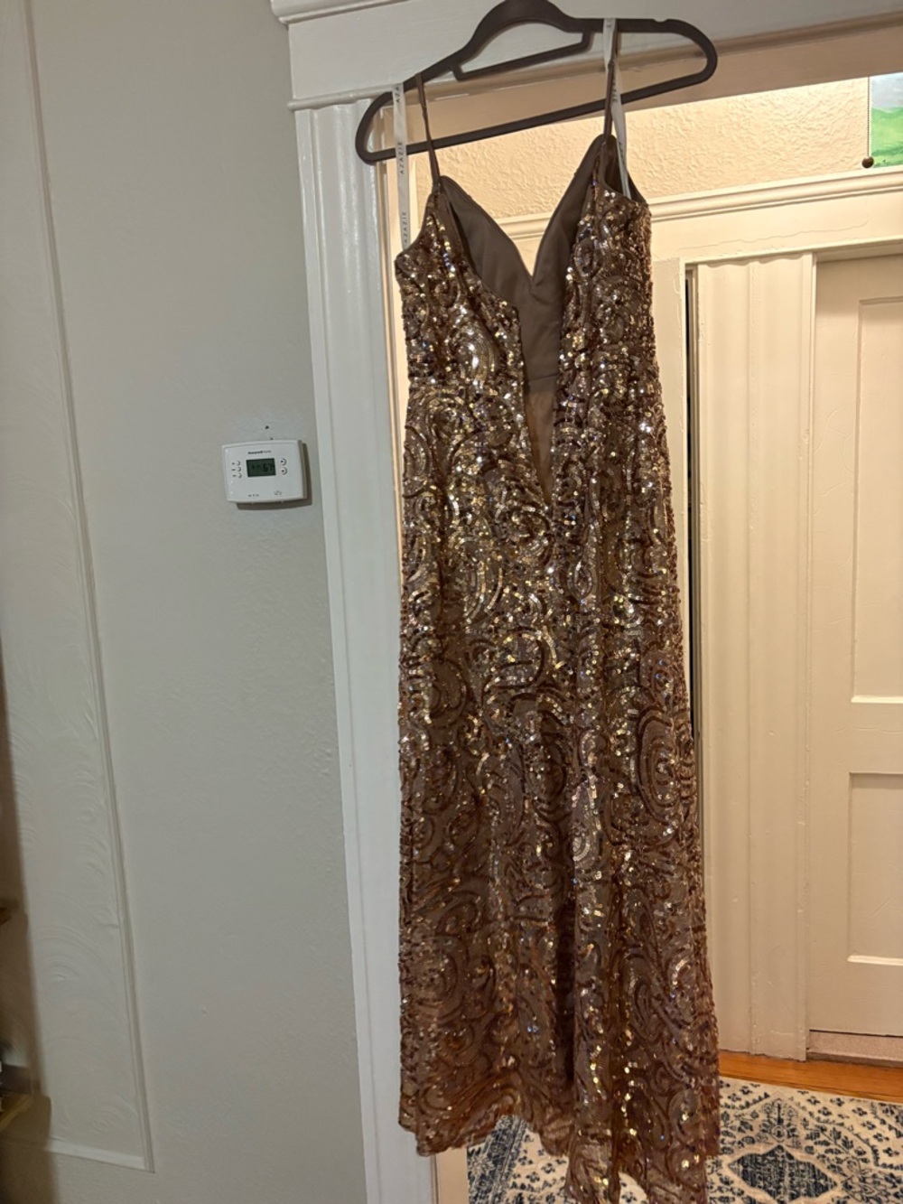 Azazie Nude Gold-Tone Sequin Gown